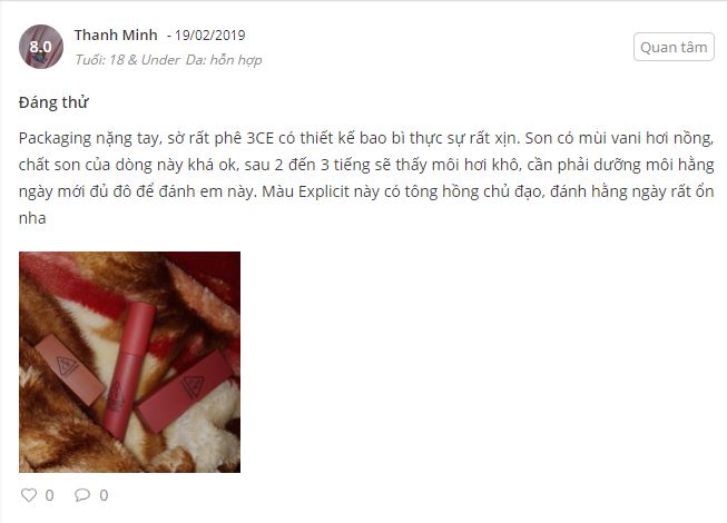 Review son 3CE của bạn Thanh Minh